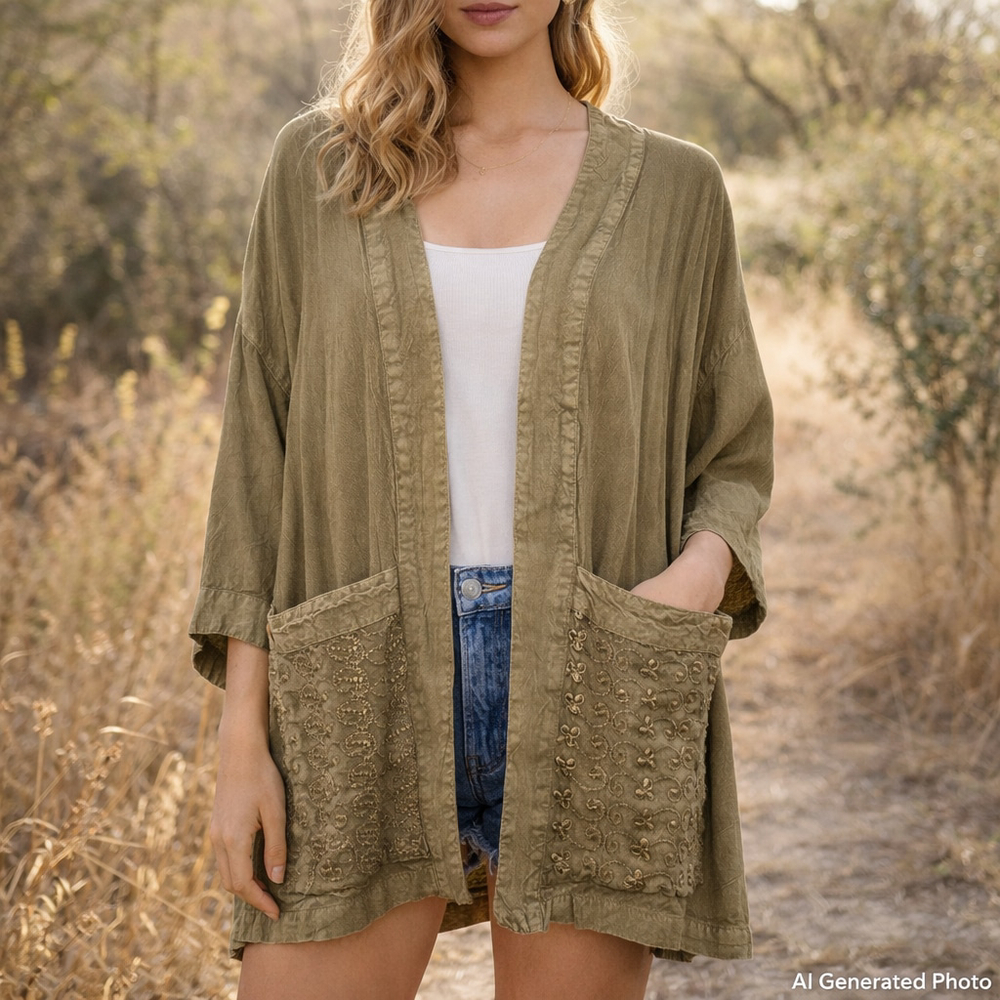 Young Threads Embroidered Duster Medium Green Boho Open Kimono Viscose India NWT